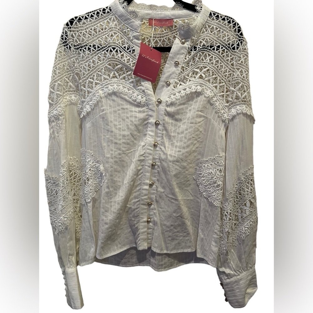 White laced button up blouse with pearled buttons